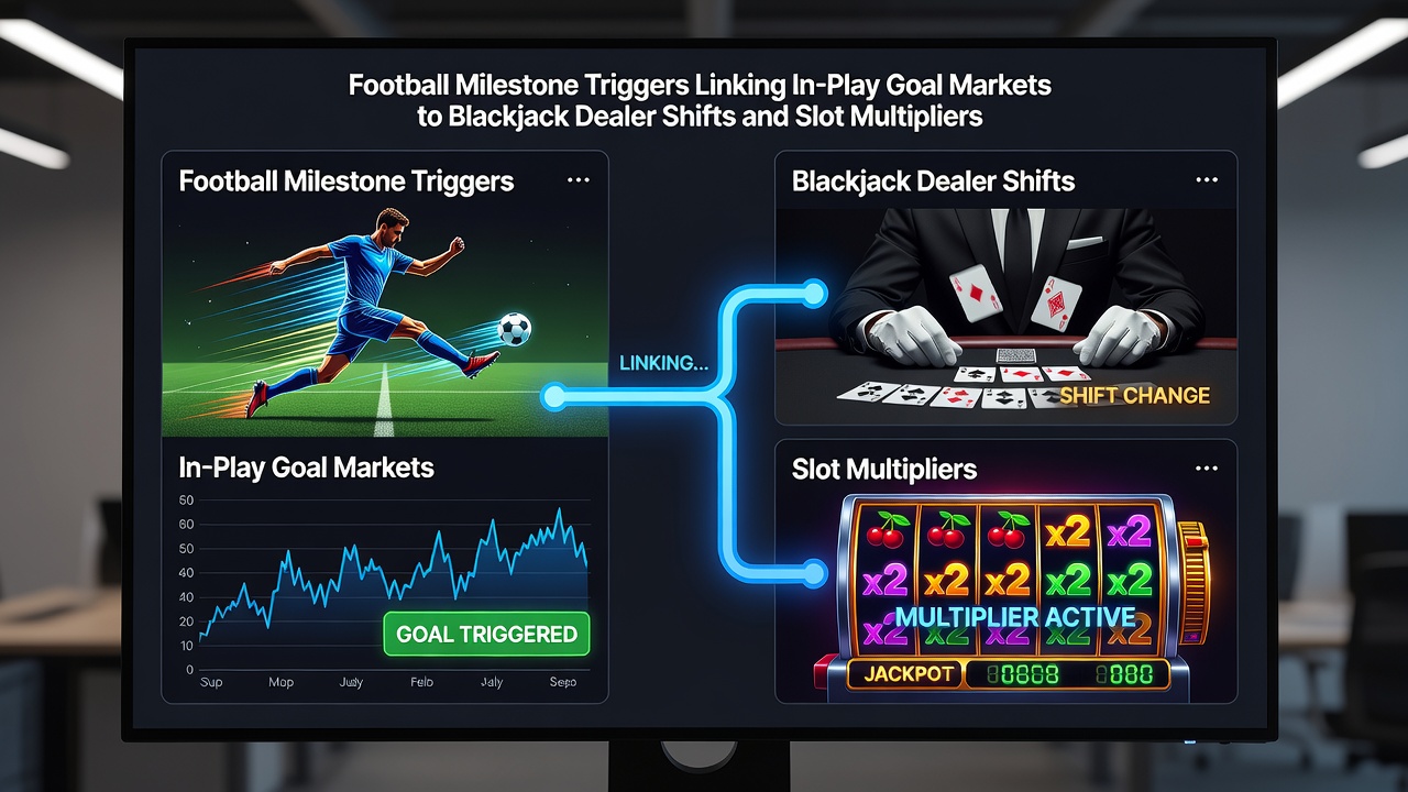 Illustration von Datenflüssen zwischen Fußball-Toren, Blackjack und Slots über Wallets
