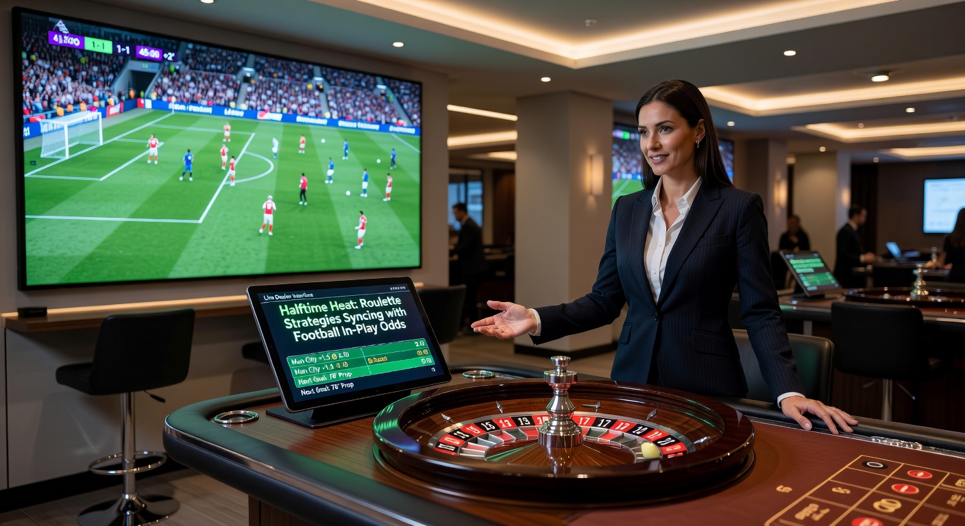 Fußball-Halbzeitanalyse auf einem Multi-Screen-Setup neben einem Roulette-Rad, das die Synchronisation von Strategien visualisiert