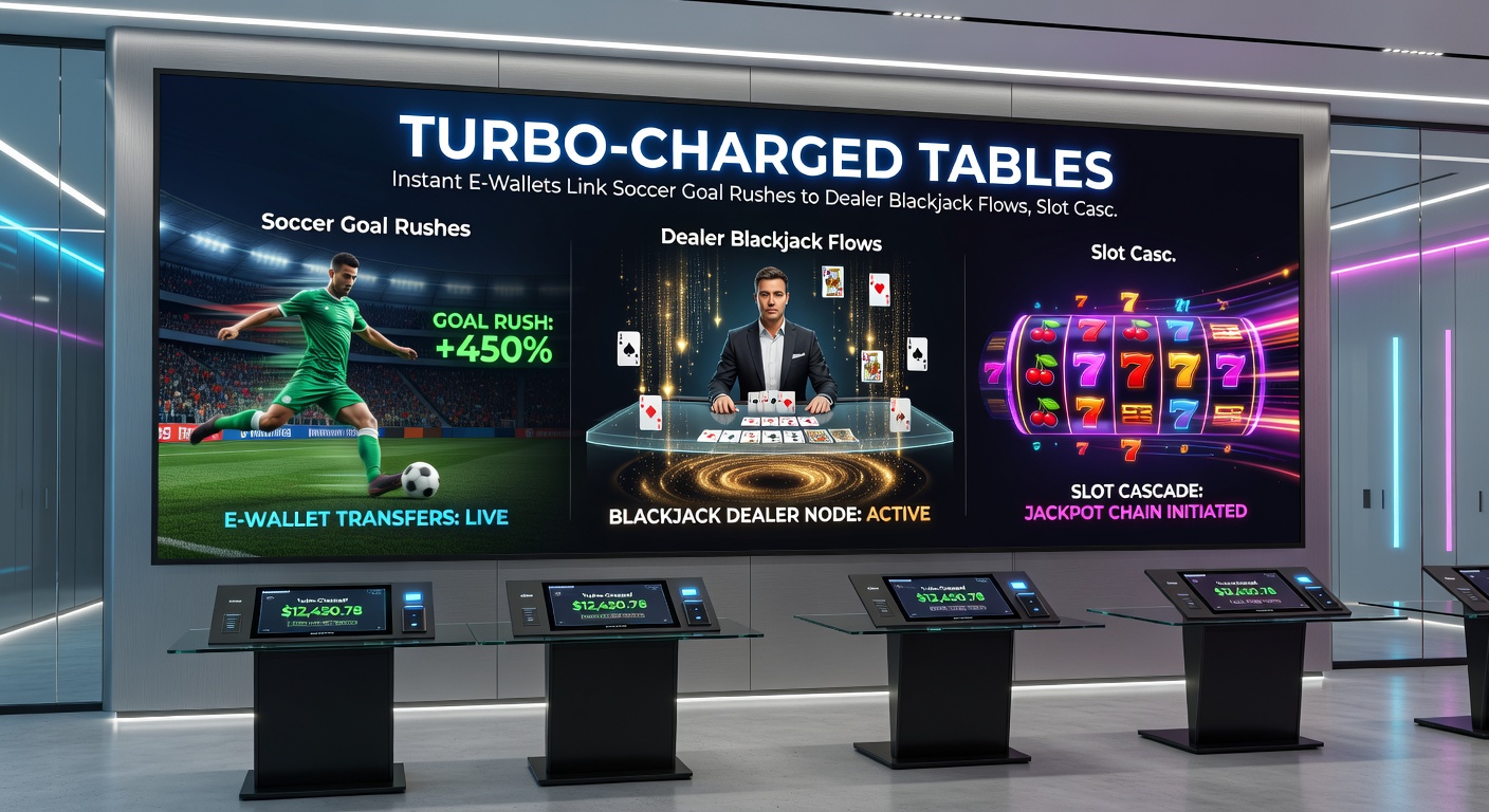 Live-Ansicht eines Dealers am Blackjack-Tisch neben Fußball-Scoreboard und Slot-Wasserfällen mit E-Wallet-Icons